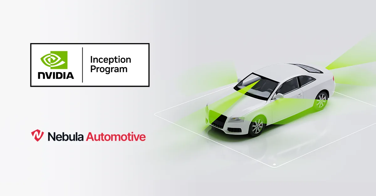 NVIDIA Inception Program badge and the Nebula Automotive logo beside a car scanning its surroundings